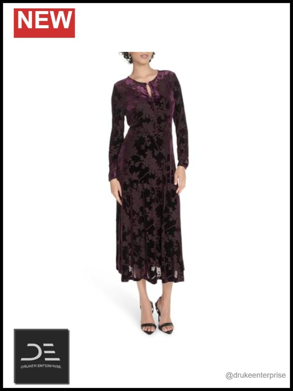 Womens Long Sleeve Keyhole Neck Midi Dress Velvet Burnout Stretch